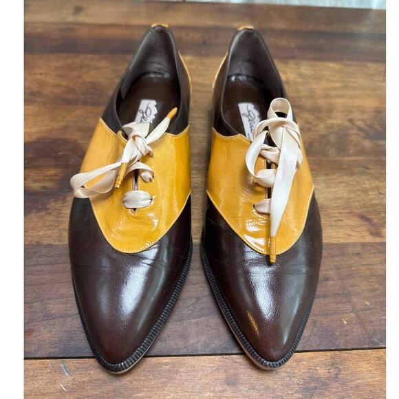 Glacée Vintage Italian Leather Women's Size 8 1/2 Lace Up Shoe Two Toned Brown - Picture 2 of 11